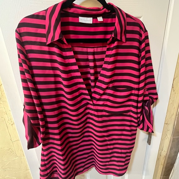 New York & Company Tops - Hot Pink and Black Striped Collared V-Neck Blouse